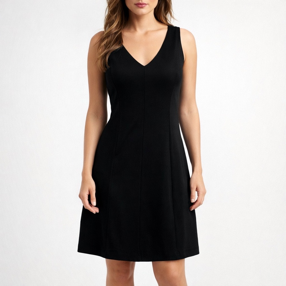 DKNY Stretch Knit Ponte V-Neck Sleeveless Sheath Dress in Black